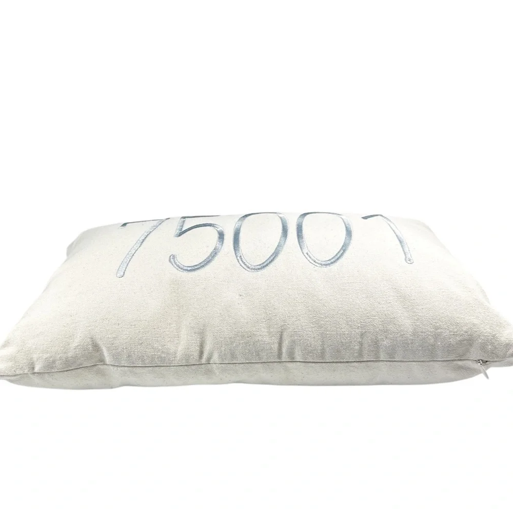 NEW Zip Code 75001 (Addison, Texas) Cream Pillow with Gray Embroidery